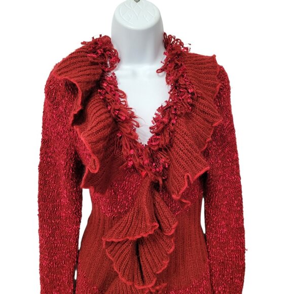 Unbranded Sweaters - Womens Long Ruffle Cardigan Sweater S Metallic Red Horn Toggle Button